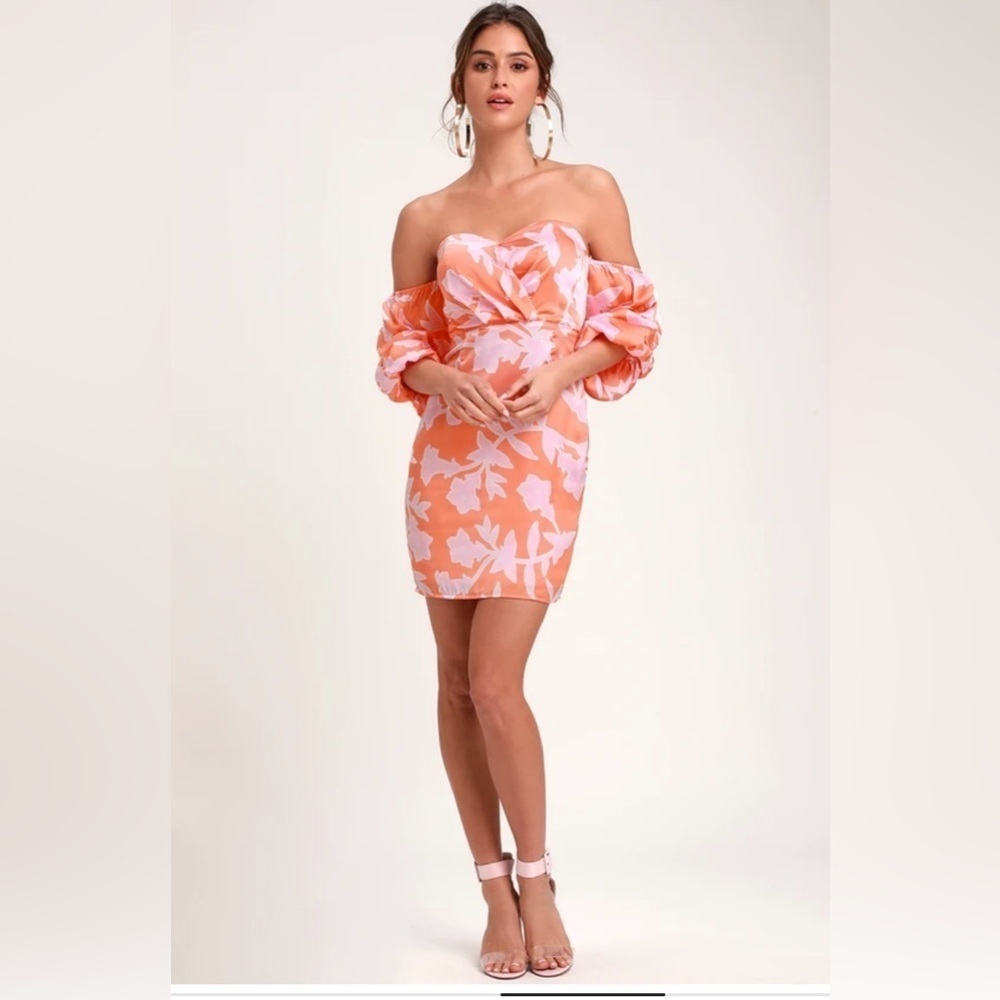 Baros Coral Orange Floral Print Off-the-Shoulder Bodycon Dress